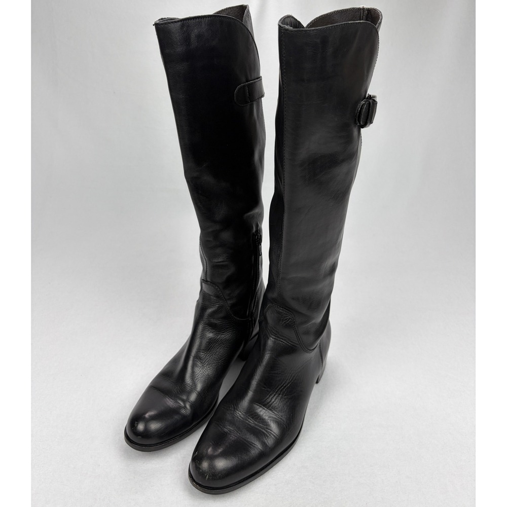 Black Leather Tall Riding Boots Buckle Strap Side Zip Low Block Heel Round Toe